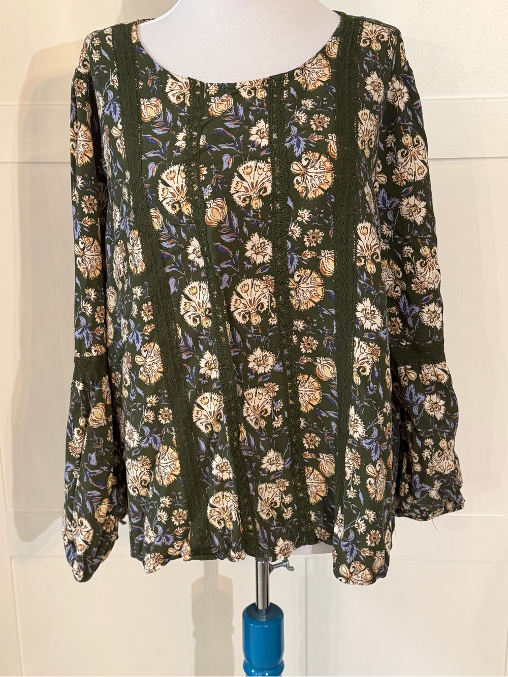Floral Green Long-Sleeve Peasant Blouse 2X